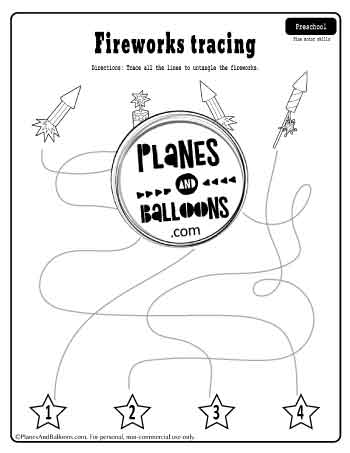Tracing lines worksheet with fireworks