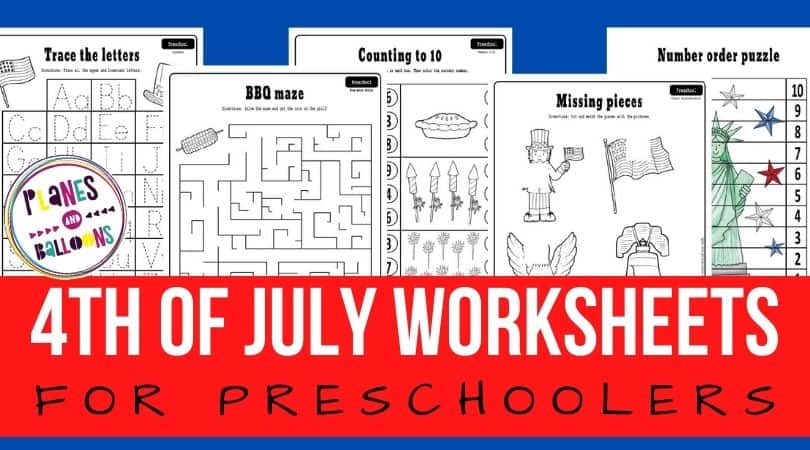4th of July Worksheets for preschool on blue background with red text overlay