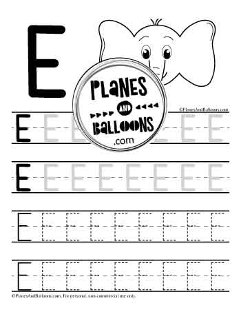 Letter E tracing worksheet with picture of an elephant to color