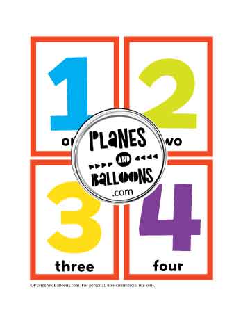 Four flashcards on one page to print - numbers 1 to 4