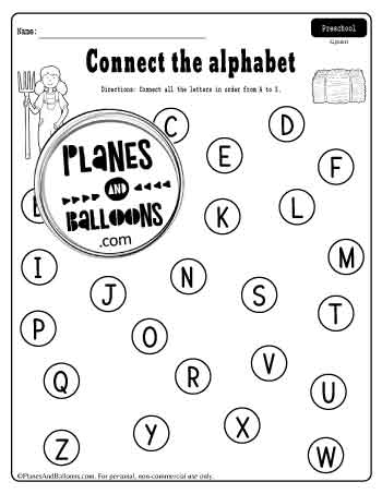 Connect the letters of the alphabet worksheet - farm theme
