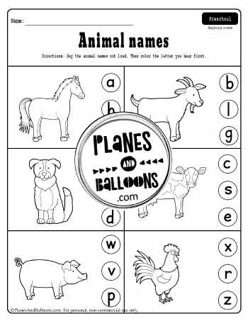 Beginning sounds worksheet with farm animals