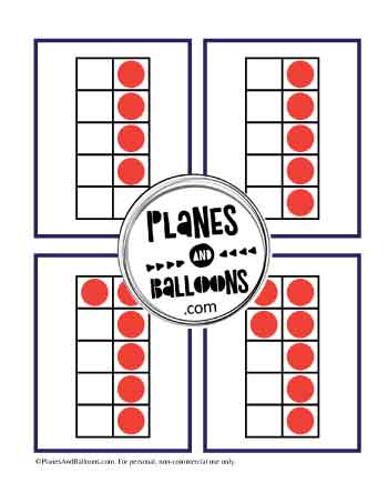 Ten frame flashcards with red dots, no numbers