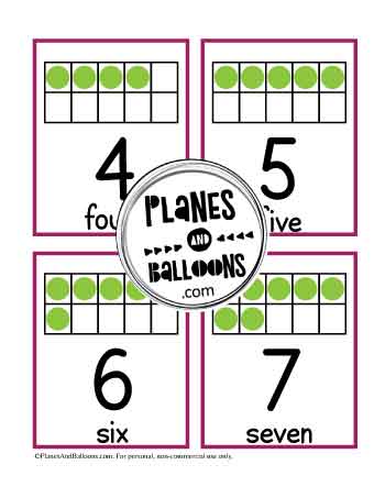 Ten frame flashcards with numbers and number words