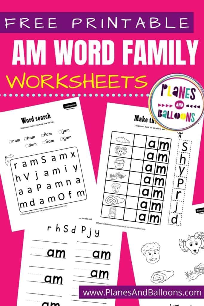 CVC am word family worksheets on pink background - Pinterest image