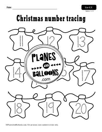 String of Christmas lights with numbers 11-20 to trace worksheet