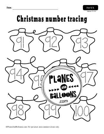 Christmas tracing worksheet for numbers 91-100