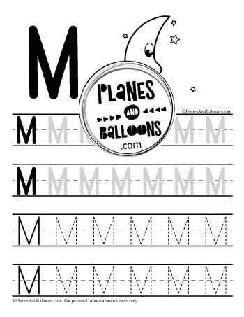 Uppercase letter M tracing worksheet with picture of Moon cartoon
