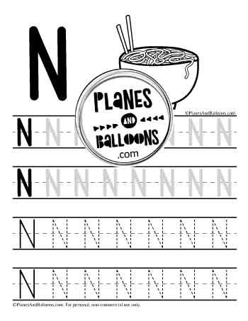 Uppercase letter N tracing page with bowl of noodles picture