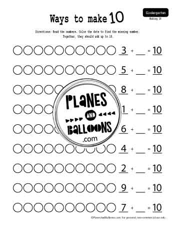 Making ten worksheet with dots to color and equations to solve