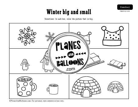 Winter big and small size comparison worksheet with pictures of penguins, sleds, igloos and more