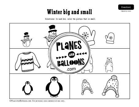 Winter big and small size comparison worksheet with pictures of snowmen, penguins, mittens, and more