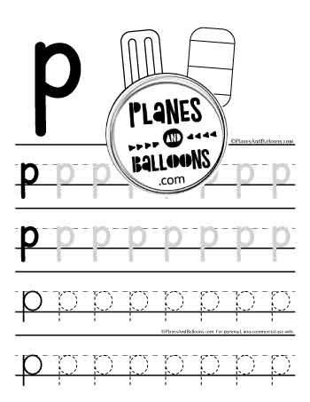 Lowercase letter p tracing worksheet with pictures of two popsicles to color