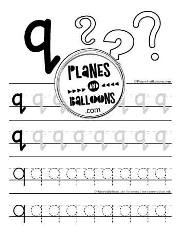 Lowercase letter q tracing worksheet with pictures of question marks to color
