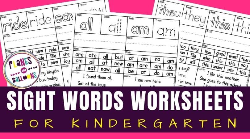 Sight word worksheets for kindergarten on pink background with text overlay
