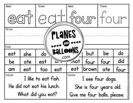 Sight words worksheet with words eat and four