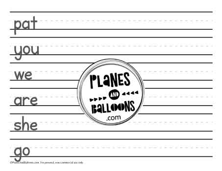 Writing practice worksheet for kindergarten with six words to write