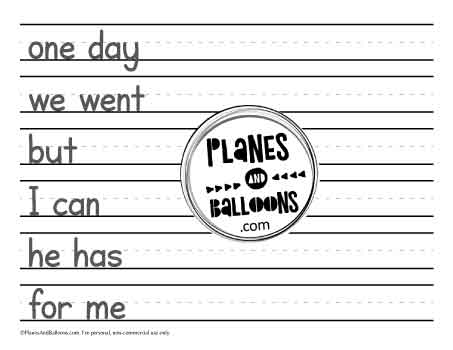 Writing practice worksheet for kindergarten with six words to write