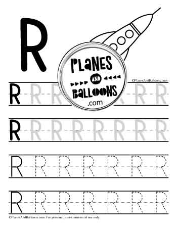 Uppercase letter R tracing worksheet with picture of rocketship to color