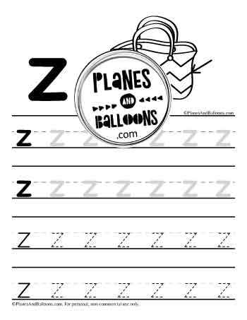 Lowercase letter z tracing worksheet with picture of bag with zigzag pattern to color