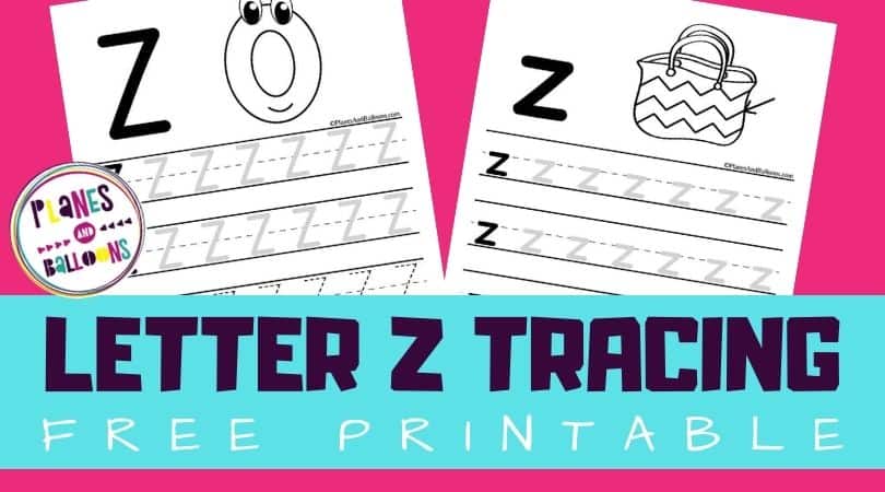 Letter Z tracing worksheets on pink background with text overlay