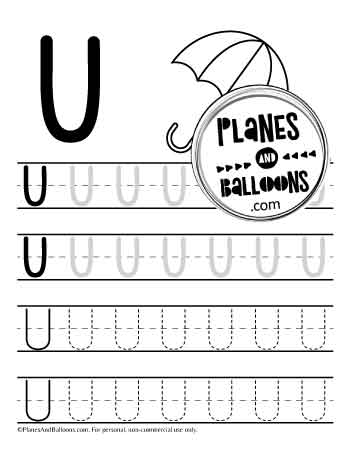 Uppercase letter U tracing worksheet with picture of umbrella to color