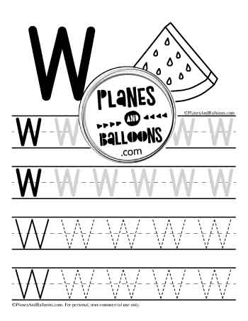 Letter W tracing worksheet with picture of watermelon to color