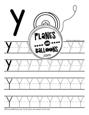 Uppercase letter Y tracing worksheet with picture of yo-yo to color