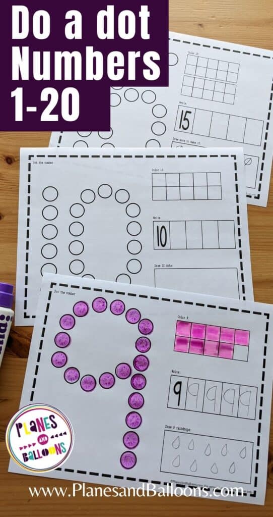 Number dot marker worksheets on wooden table background with text overlay Image for Pinterest