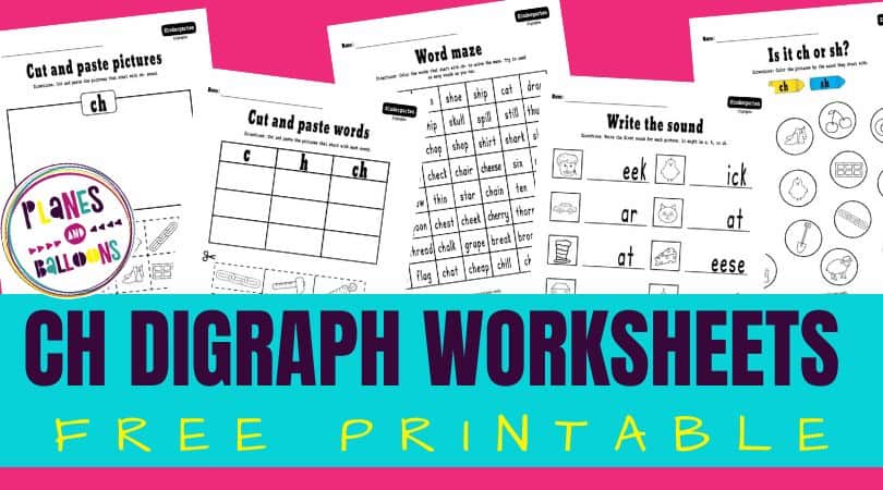 Ch digraph worksheets spread on pink background with text overlay