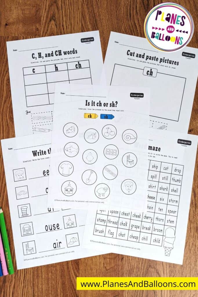Ch digraph worksheets on wooden floor