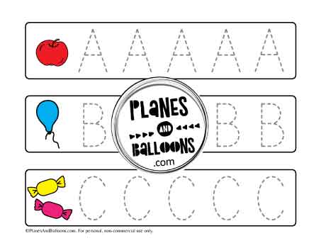 Uppercase traceable letters A B and C worksheet