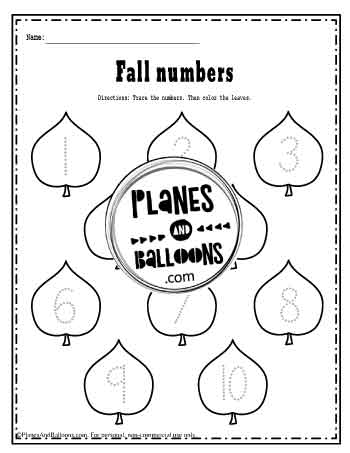 Fall leaves with numbers 1-10 to trace worksheet 1