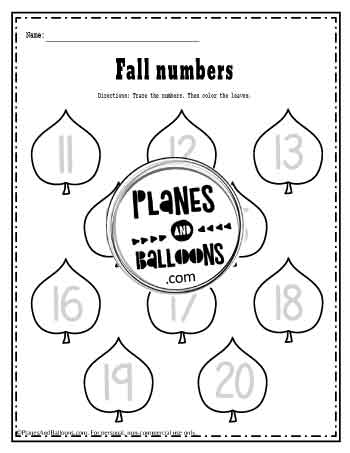 Fall leaves with numbers 11-20 to trace worksheet 2