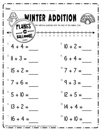 Winter addition worksheet to 20 for first grade