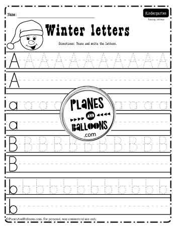 Winter alphabet tracing worksheet including letters a and b