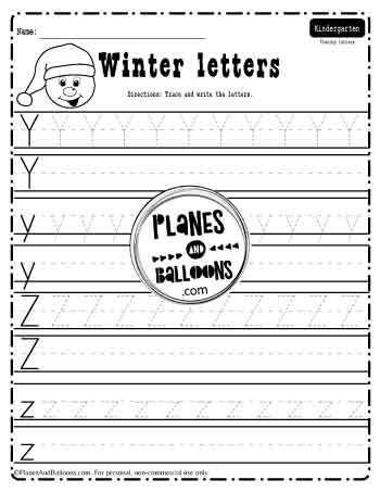Winter alphabet tracing worksheet with the letters y and z