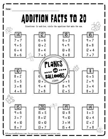 spring addition facts to 20 worksheet