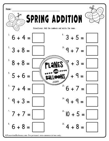 Spring addition to 20 worksheet