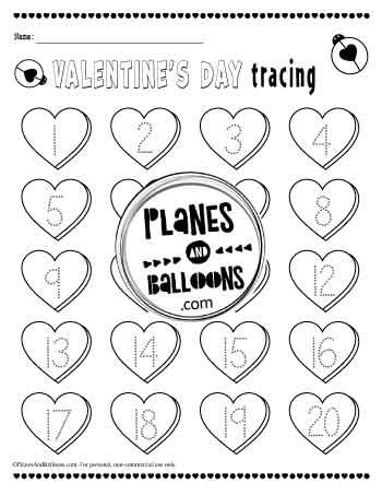 Valentine's day number tracing worksheet