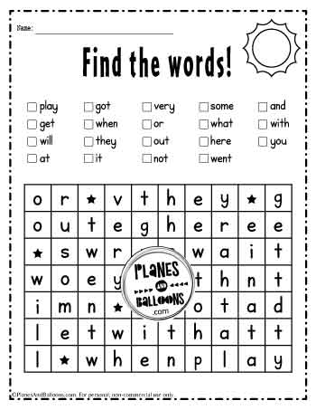 Sight words word search worksheet 1st grade