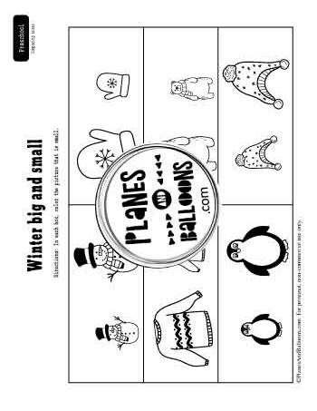 Winter big and small size comparison worksheet with pictures of snowmen, penguins, mittens, and more