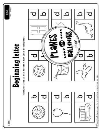 b and d reversal - beginning letters worksheet with 9 pictures and letters to color next to them