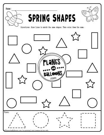 Matching shapes worksheet with different 2d shapes to match and color
